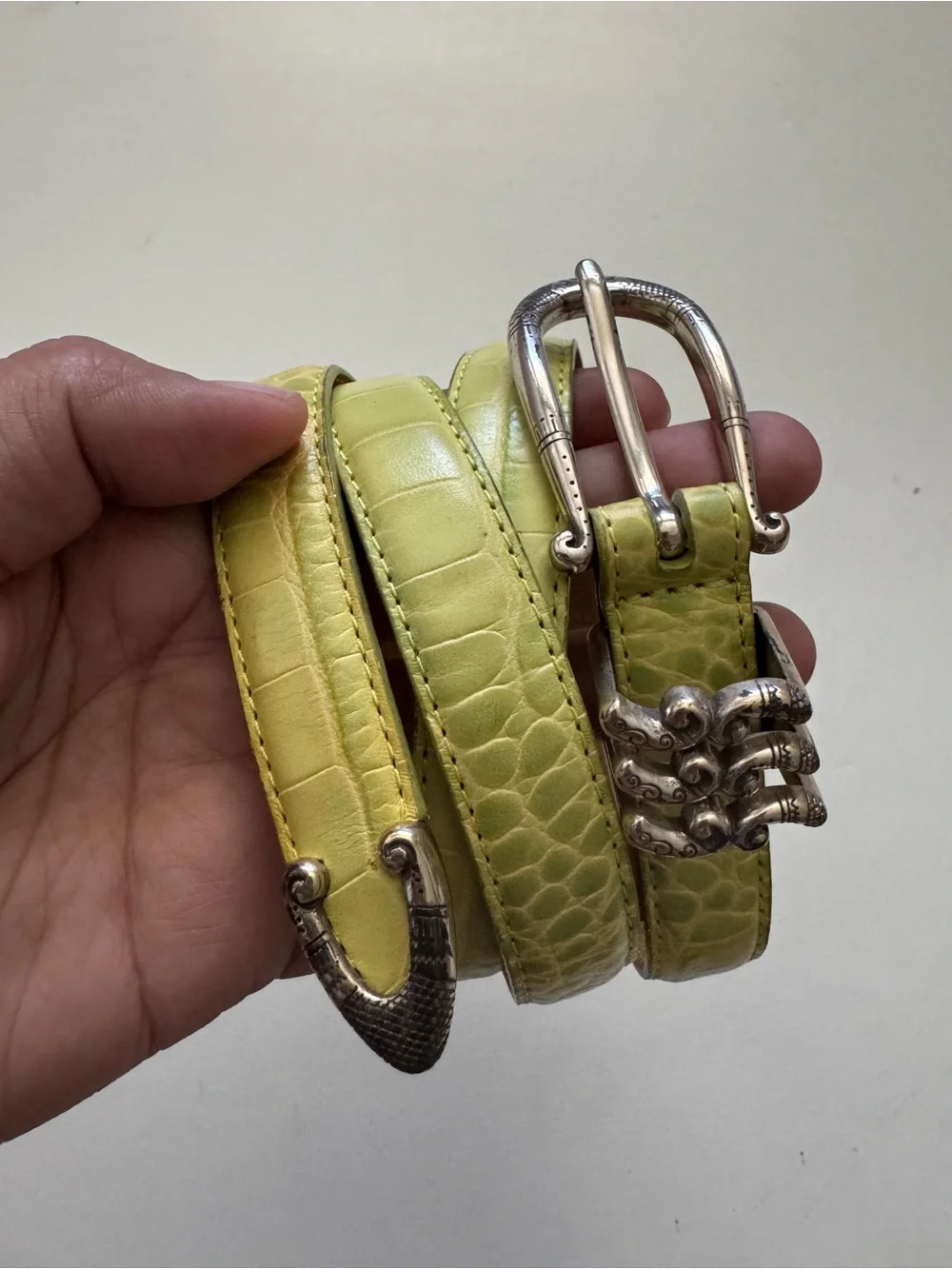 Brighton Lime Green Croc-Embossed Leather Belt with Silver Buckle size L 34